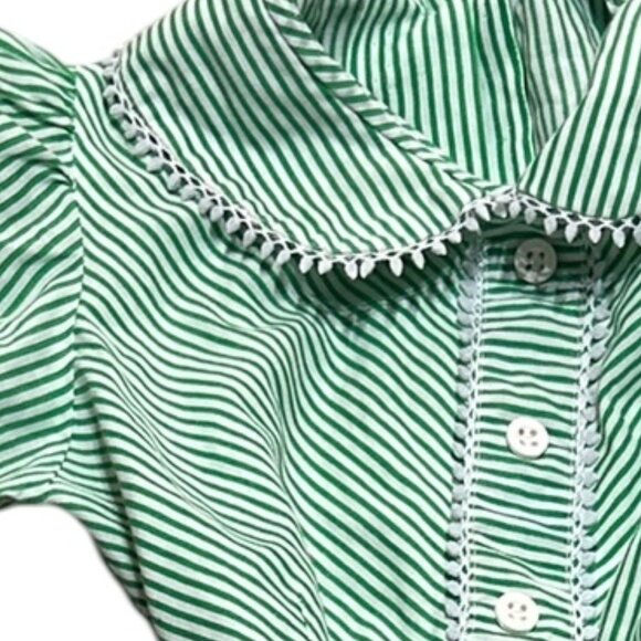 Vintage Green White Striped Dress • Peter Pan Collar Belted Puff Sleeve • Sz 5/6 - Picture 4 of 6